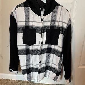 Shacket Black & White Plaid Hooded